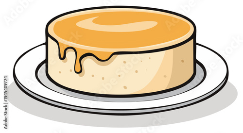Delicious dessert cake with golden caramel glaze on a white plate isolated illustration
