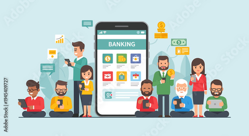 Group Of People Interacting With A Modern Mobile Banking App. Vector Illustrations. EPS Editable