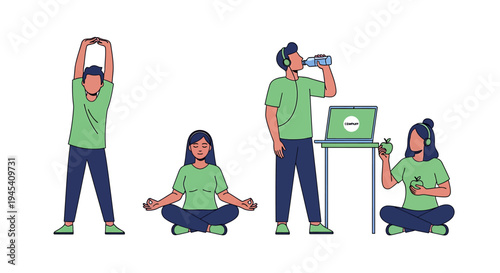 Group of People Practicing Yoga and Wellness. Vector Illustrations. EPS Editable
