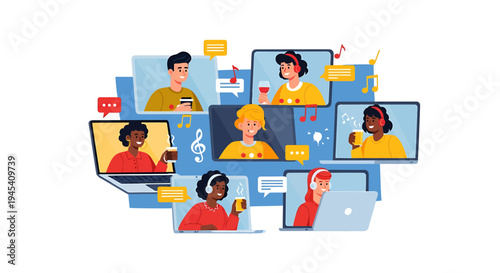 Group video conference participants displayed on screens. Vector Illustrations. EPS Editable