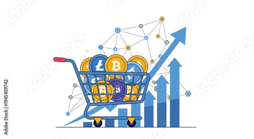 Growing Cryptocurrency Shopping Cart With Bitcoin Growth Graph. Vector Illustrations. EPS Editable