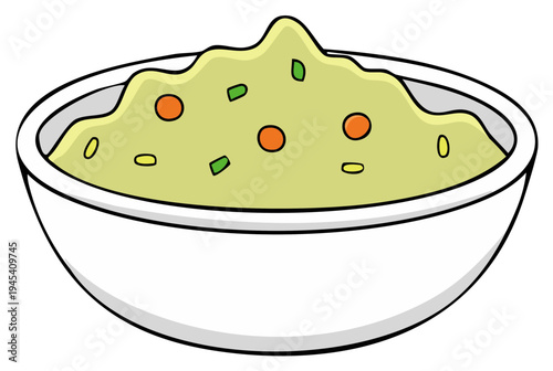 Cartoon bowl of mashed potatoes or guacamole with vegetables illustration
