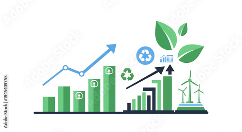 Growth Chart with Plant Leaves Representing Sustainable Progress. Vector Illustrations. EPS Editable