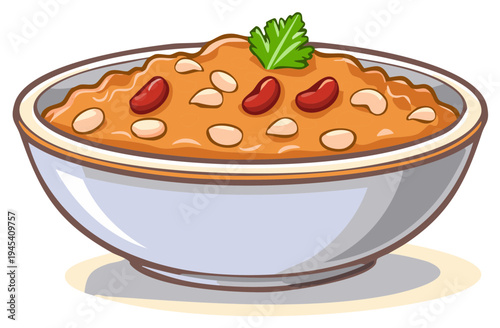 Bowl of chili with beans and a garnish of fresh parsley illustration