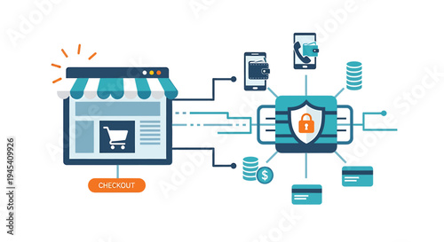 Online Store Security Diagram Showcasing Enterprise Shield. Vector Illustrations. EPS Editable
