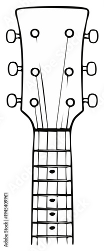Line art illustration of guitar headstock and fretboard with strings and tuning pegs, musical instrument