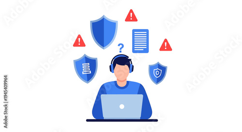 Person Using Laptop With Security Icons. Vector Illustrations. EPS Editable