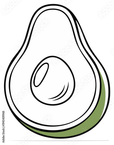 Hand-drawn outline of a single avocado cut in half showing the pit and flesh with a splash of green color