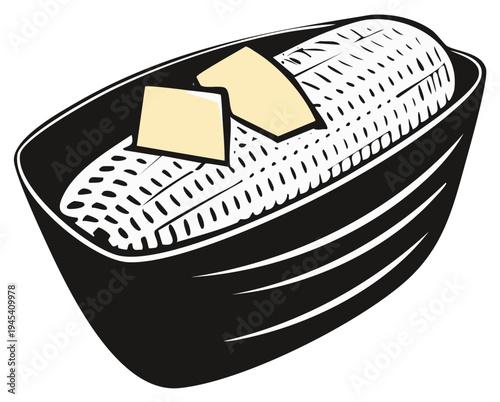 Cooked Corn on the Cob with Butter Slices in a Black Serving Bowl Isolated