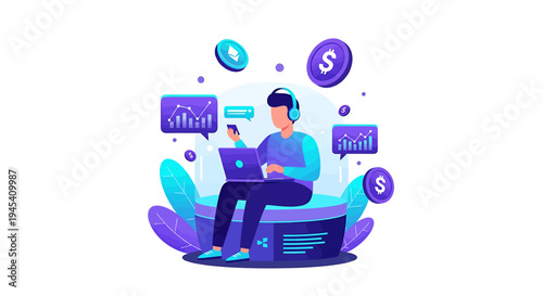 Person Working On Laptop Surrounded By Digital Icons. Vector Illustrations. EPS Editable