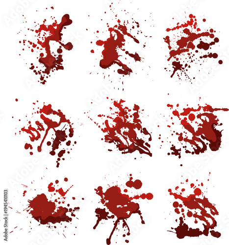 Red paint splatters and drips creating messy stains and dripping textures on white background, evoking horror, crime scene, grunge and violent or halloween themed effects and patterns