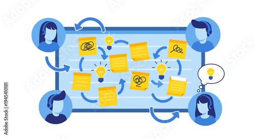 Team collaboration around a planning board. Vector Illustrations. EPS Editable