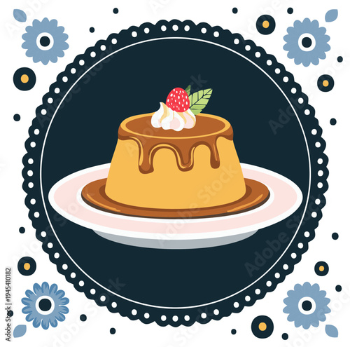 Delicious Caramel Custard Dessert with Whipped Cream and Strawberry, served on a plate, with decorative floral border