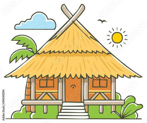 Tropical thatched hut with palm tree and sunny sky illustration