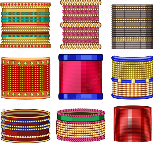 Collection of traditional indian churi bangles in vibrant colors with intricate patterns, beads and jewels, ornate festive jewelry evoking cultural elegance and wedding celebration