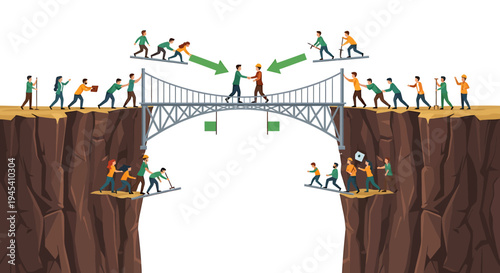 Teamwork Across Bridge Crossing On Rope. Vector Illustrations. EPS Editable