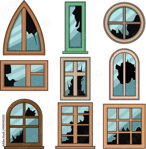 Various broken and shattered window frames in different styles, illustrating damage, dilapidation, vandalism and repair concepts for old or abandoned buildings and renovation themes