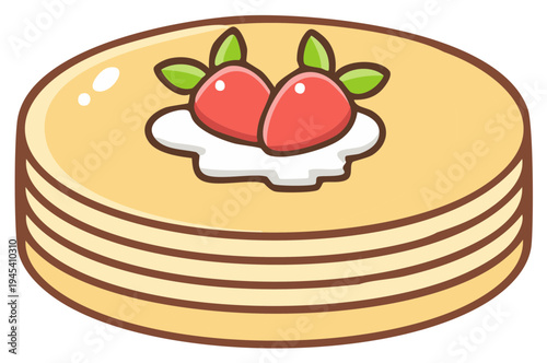 Sweet Stack of Pancakes Topped with Fresh Strawberries and Whipped Cream Cartoon