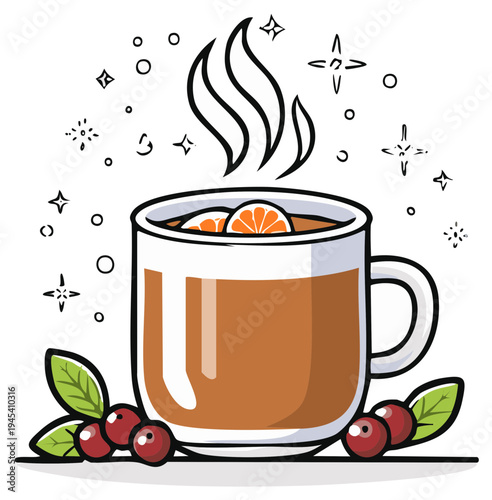 Cartoon cup of hot drink with orange slices, steam, and berries