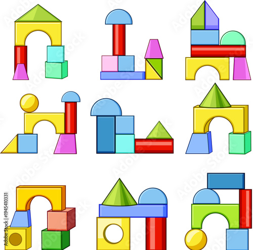 Принти на полотні Nine arrangements of vibrant building blocks, featuring diverse geometric shapes