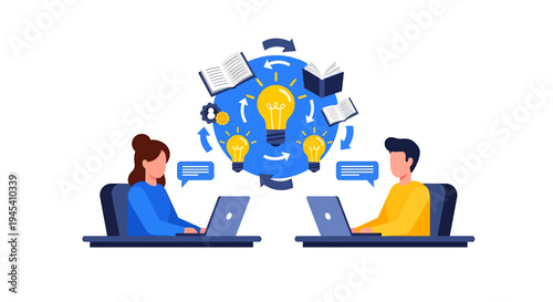 Two people collaborating on laptops at a desk. Vector Illustrations. EPS Editable