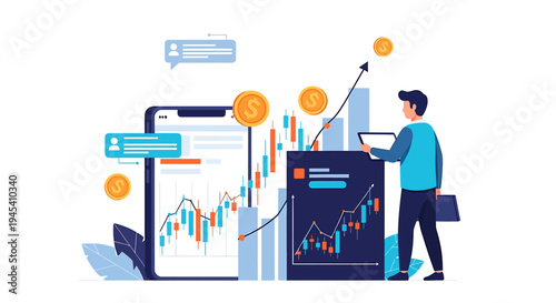 Trader Analyzes Stock Market Chart And Dashboard. Vector Illustrations. EPS Editable