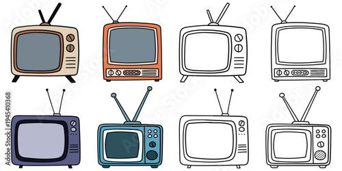 Hand-drawn cartoon and doodle set of old TVs on a white background.