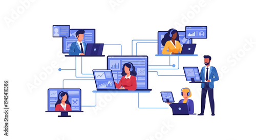 Video conference participants connected across screens. Vector Illustrations. EPS Editable
