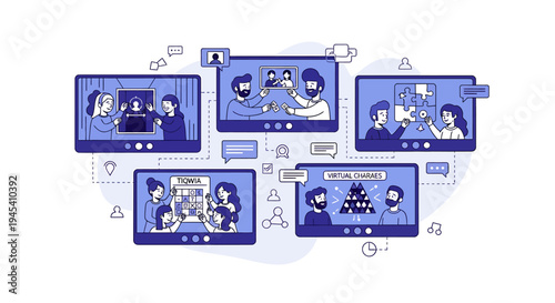 Video Conference On Multiple Screens With Team Members. Vector Illustrations. EPS Editable