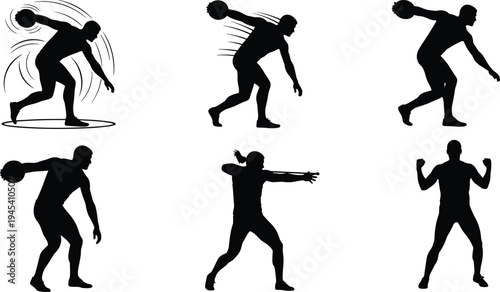 Silhouettes of a discus thrower athlete in various poses, from the spin to the release, capturing the power and motion of this track and field event