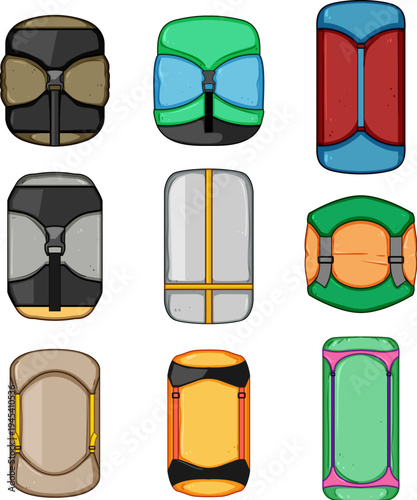 Various colorful vector illustrations showcasing compressed sleeping bags or outdoor gear in different styles, representing efficient packing solutions for adventure, travel, and camping equipment