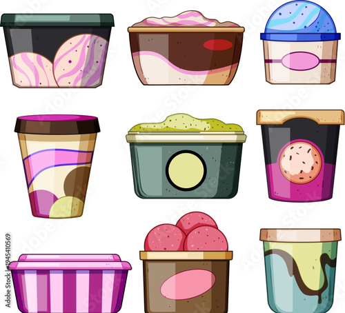 Illustrating a colorful assortment of different ice cream and frozen dessert tubs and packaging, featuring various shapes, sizes, and flavors, arranged neatly on a white background