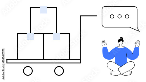 Logistics, mindfulness, balance, supply chain, stress management, zen practices. Boxes on a trolley and a meditating person with a speech bubble. Logistics and mindfulness