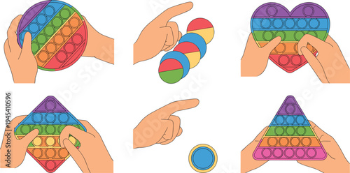 pop it fidget toy set with hands pressing colorful sensory bubbles, stress relief toy illustration, autism sensory toy concept