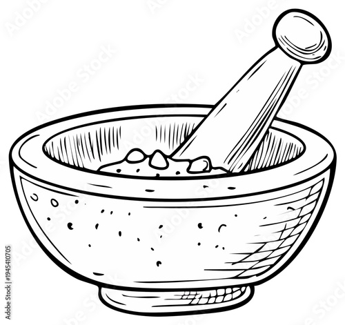 Illustration of a mortar and pestle preparing ingredients for cooking or medicine