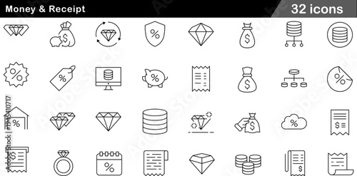 32 Money and Receipt Icons Minimalist Line Art for Finance and Retail