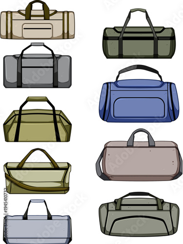 Vector illustration featuring various duffel bags in different colors and styles, representing concepts of luggage, vacation, fitness, and equipment for any journey or activity
