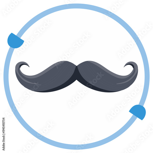Stylized handlebar mustache icon within a blue circular frame with accent pieces
