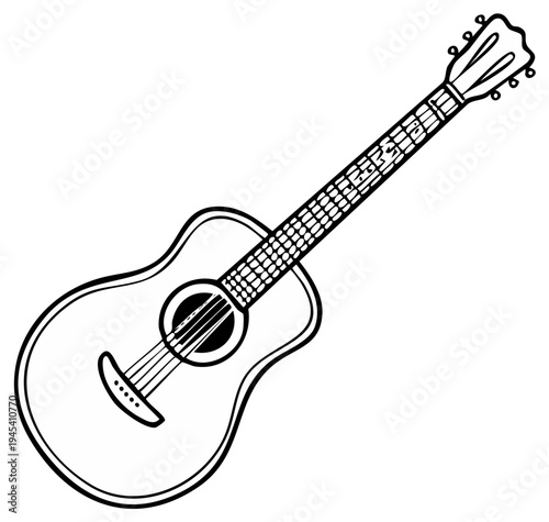 Black and white illustration of an acoustic guitar, musical instrument drawing.