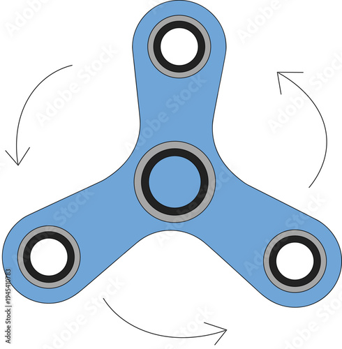 blue fidget spinner toy illustration, stress relief hand spinner gadget, anti anxiety spinning toy, simple vector fidget device