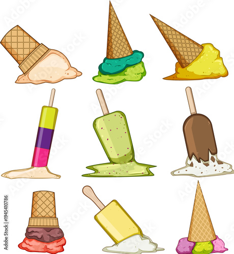 Assortment of colorful frozen desserts, including upside down ice cream cones and melting popsicles, creating a refreshing sweet treat concept on a white background