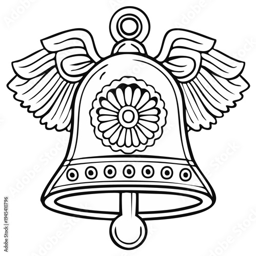 Ornate Angelic Bell Symbol with Wings and Decorative Flower Motif