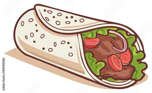 Savory Shawarma Wrap Filled with Meat, Lettuce, Tomatoes, and Onions