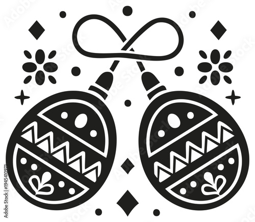 Black and white illustration of two maracas with geometric patterns and a tied rope above them featuring floral elements and diamonds