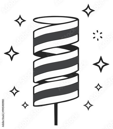 Simple graphic of a striped party popper surrounded by glowing stars or sparkles, minimalist design
