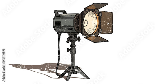 Vintage spotlight on tripod, retro film lighting equipment, isolated on white