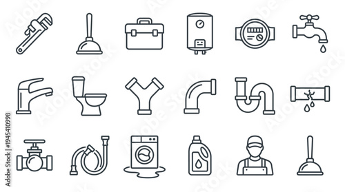 Plumbing and cleaning tools icons set