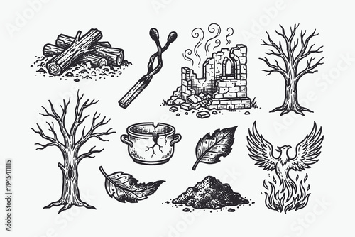 Vintage Engraving Icons Set: Firewood, Ruin, Ashes, Bare Trees, and Phoenix