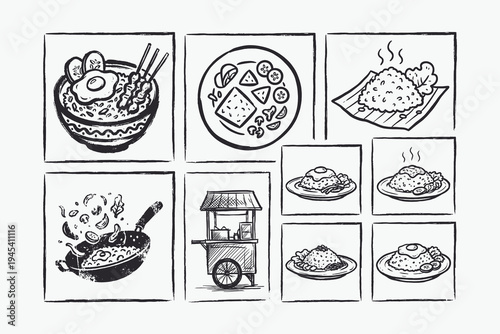 Hand Drawn Sketch Collection of Indonesian Nasi Goreng and Street Food Icons
