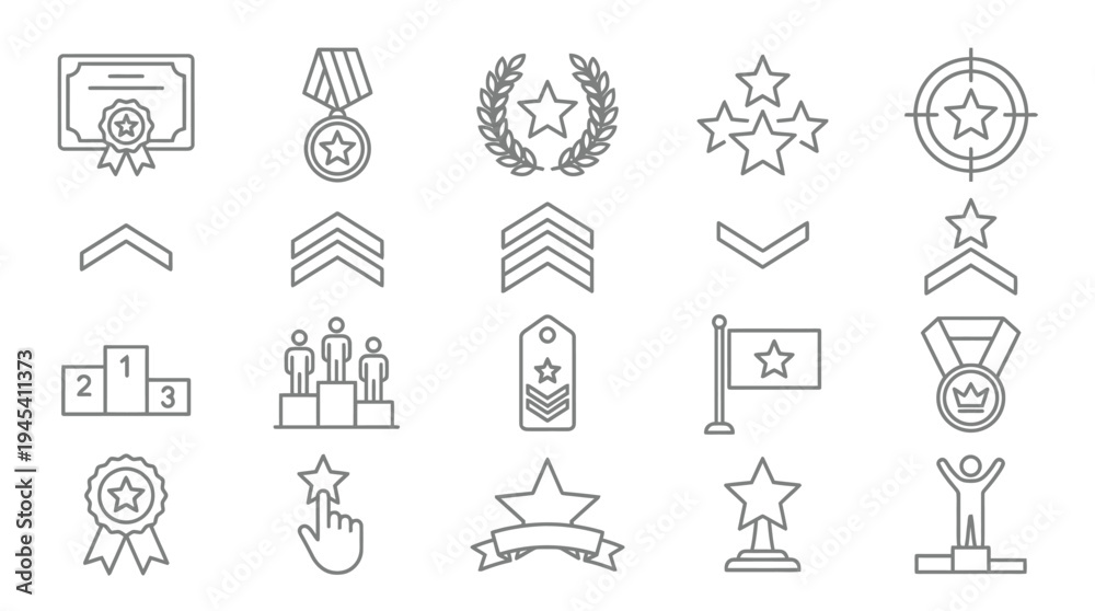 Fototapeta premium Collection of military and award symbols in line art style